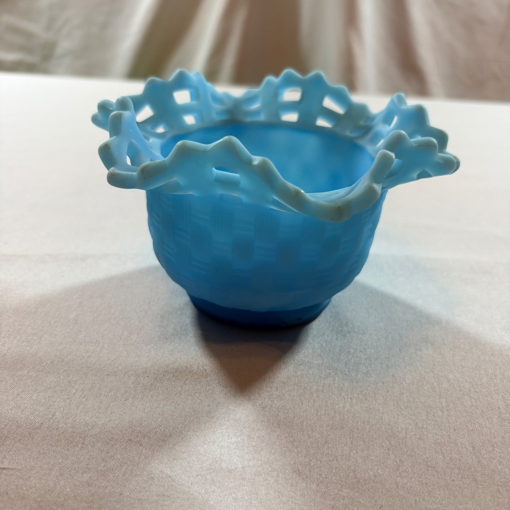Fenton Blue Satin Glass Basketweave Bowl Lattice Edge Vintage Art Glass Decor